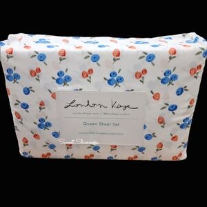 4pc Summer Strawberry / Blueberry Queen Bed Sheet Set Decor By London Kaye New